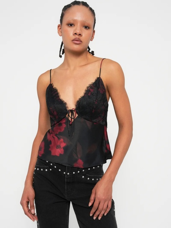 Abercrombie & Fitch Tops - Abercrombie & Fitch black lace tie-front cami top in red floral medium NEW